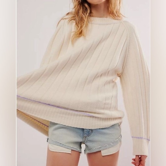 Free People Venus chunky Knit Tunic Sweater contrast trim cream oversized - Picture 7 of 10